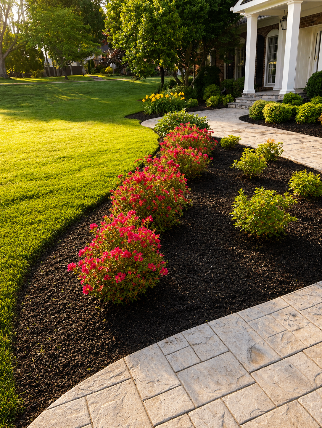 Curved mulch bed with azaleas and shrubs beside a stamped concrete walkway