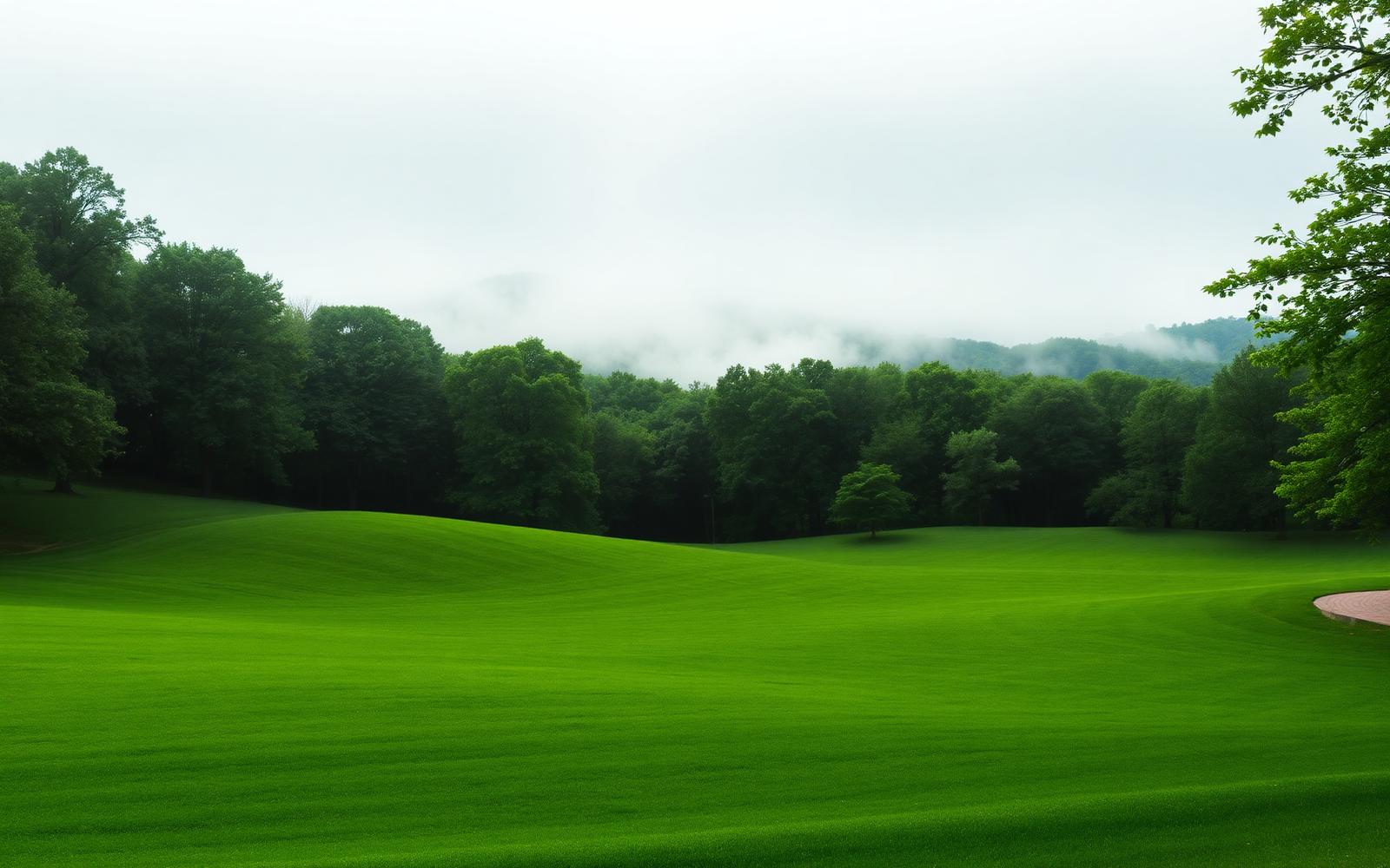 Rolling green Tennessee countryside with manicured lawn meeting woods
